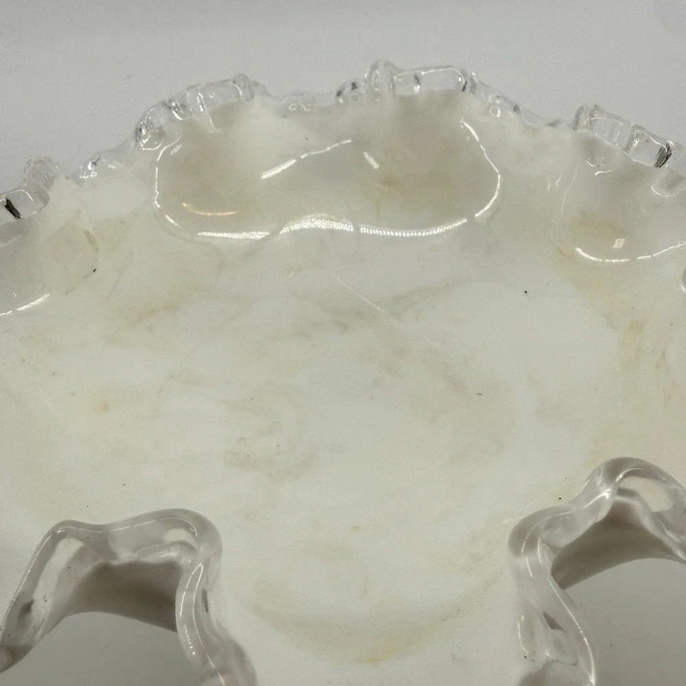 Vtg Fenton Silver Crest Milk Glass Compote Bowl Ruffled Edge Pedestal Candy Dish
